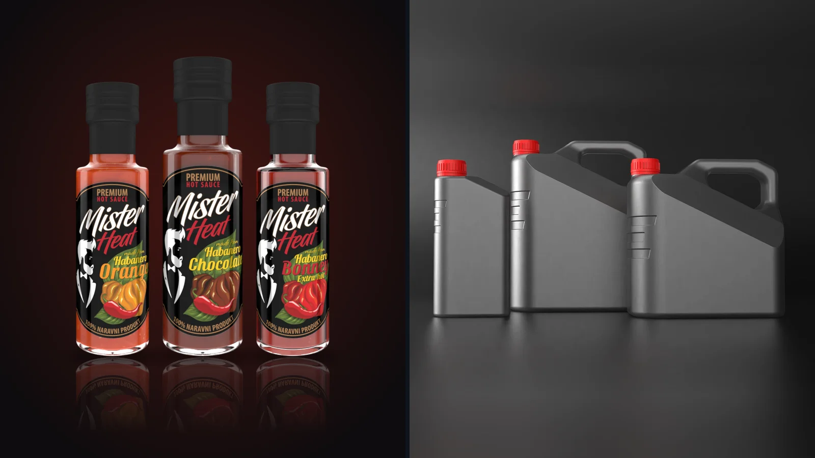 Fotorealistični 3D renderji: tri pekoče omake Mister Heat in sive plastenke za olje